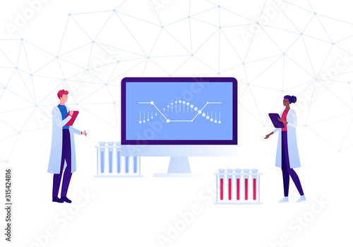 Genetic engineering science and medicine concept. Vector flat medical person illustration. Scientist team with artificial dna sign on computer screen. Design element for scientific banner, poster.