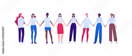 Women empowerment feminist concept. Vector flat person modern illustration. Group of various ethnic woman holding hands isolated on white background. Design element for diversity banner, card, poster.