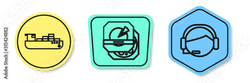 Set line Cargo ship with boxes delivery service , Pizza in cardboard box and Support operator in touch. Colored shapes. Vector