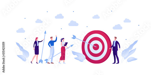 Business teamwork success concept. Vector flat person illustration. Group of businessman and woman in suit hit target with arrow isolated on white. Design element for banner, background, infographic.