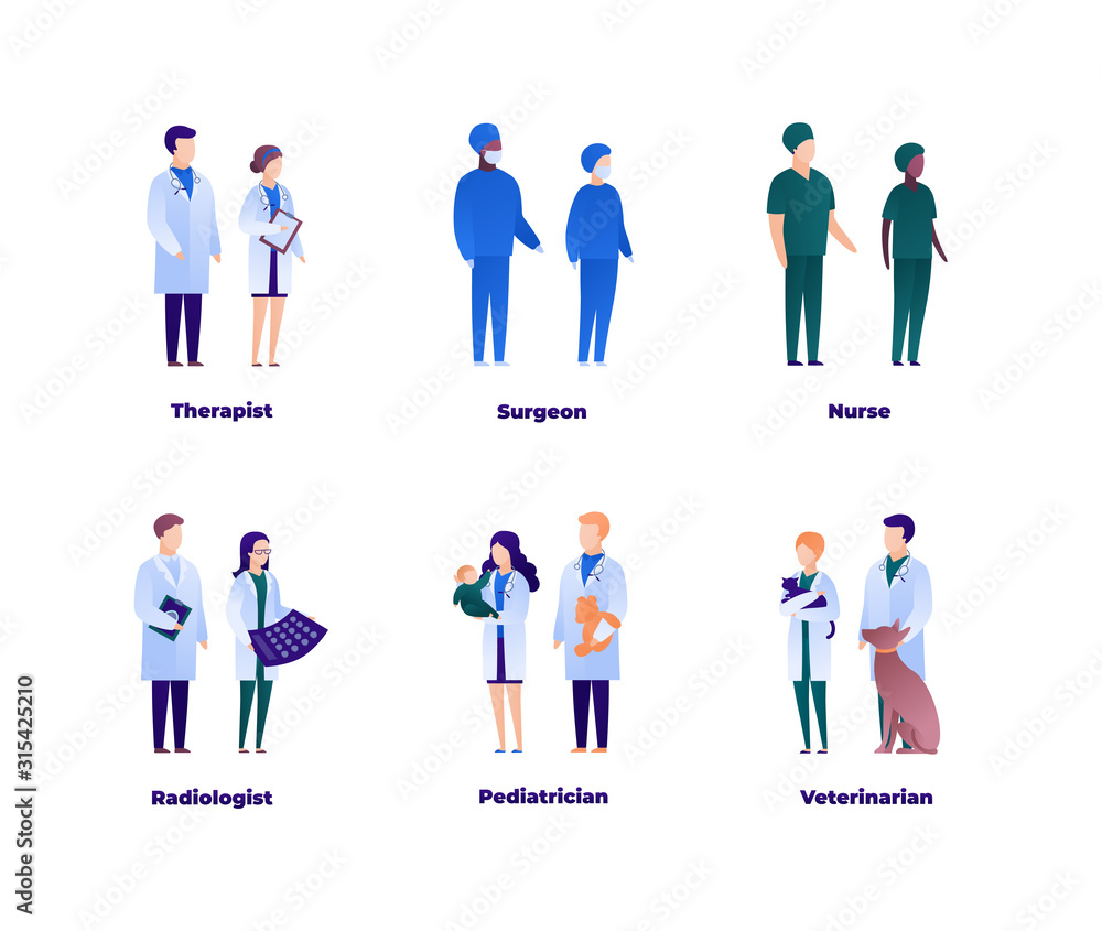 Doctor team concept. Vector flat medical person illustration set. Collection of isolated different medic specialisation people. Medicine profession. Design element for banner, poster, background.