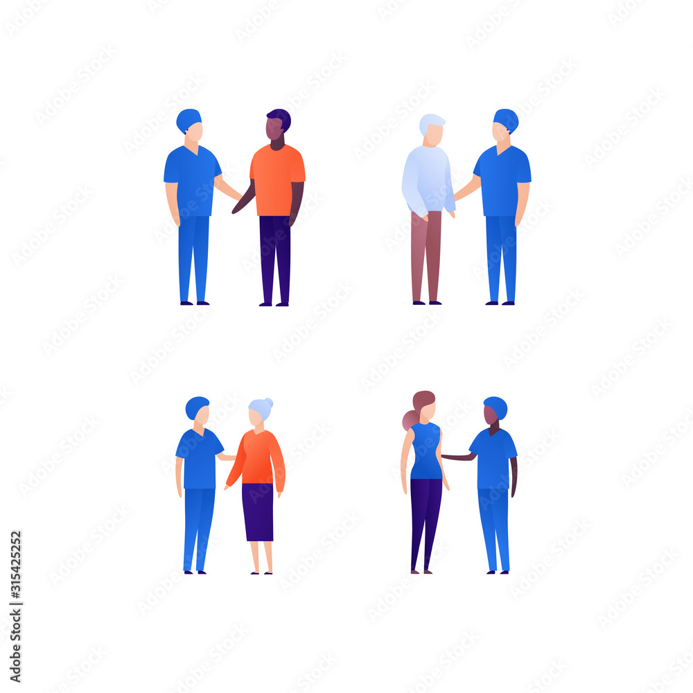 Doctor and patient support concept. Vector flat medical person illustration set. Collection of different adult and senior people. Surgeon medicine profession. Design element for banner, poster.