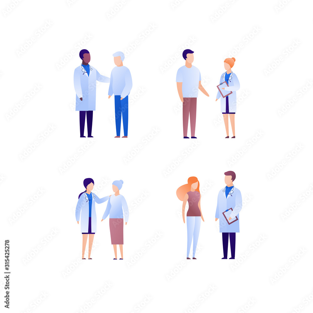 Doctor and patient support concept. Vector flat medical person illustration set. Collection of different nationality and age people. Doctor medicine profession. Design element for banner, poster.