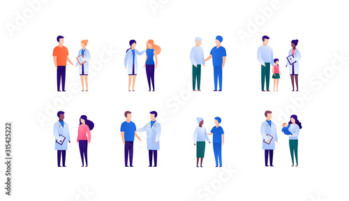 Doctor and patient support concept. Vector flat medical person illustration set. Collection of different young, adult and senior people. Doctor medicine profession. Design element for banner, poster.
