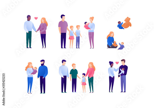 Happy family with child concept. Vector flat person illustration set. Collection of people of different nationality and age. Mother and father with baby. Design element for banner, poster. background.