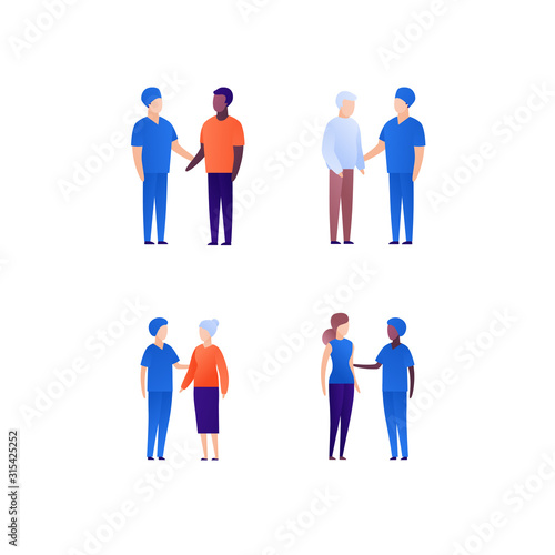 Doctor and patient support concept. Vector flat medical person illustration set. Collection of different adult and senior people. Surgeon medicine profession. Design element for banner, poster.