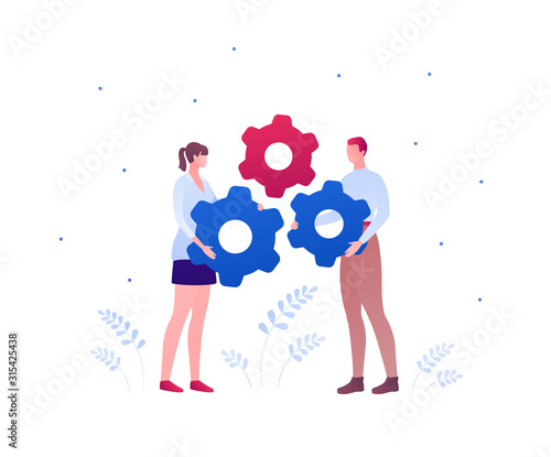Business teamwork concept. Vector flat person illustration. Couple of male and female holding gearwheel success sign isolated on white. Design element for banner, background, infographic.