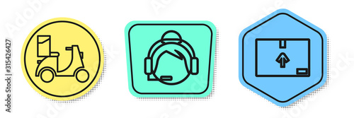 Set line Scooter delivery , Support operator in touch and Cardboard box with traffic symbol . Colored shapes. Vector