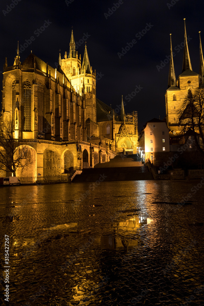 Domplatz with old cathedral and church Severi in Erfurt by night