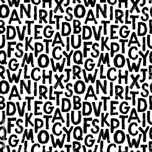 Alphabet symbols ink vector seamless pattern. Grunge chaotic letters dirty texture.