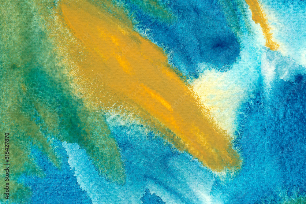 Turquoise and yellow watercolor wallpaper. Blue watercolor background. Hand drawn brush strokes ink illustration.