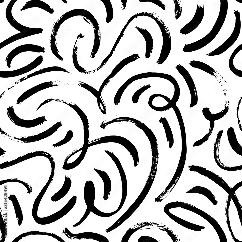 Elegant abstract brush strokes vector seamless pattern. Black grunge curves printmaking texture. - obrazy, fototapety, plakaty 