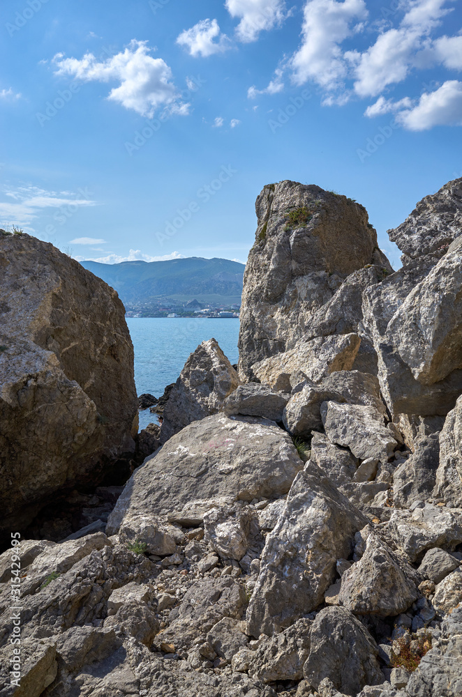 The rocky coast of the Black Sea. Cape Alchak in Sudak, Crimea