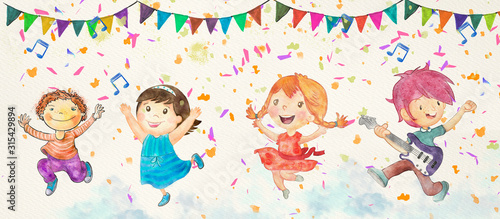 Kids dance party. Watercolor banner