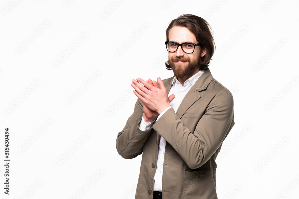 Young handsome man in black suit and glasses smiling isolated on white background Young handsome man in black suit and glasses smiling isolated on white background