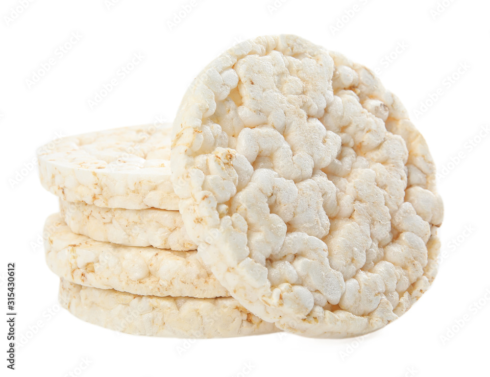 Stack of puffed rice cakes isolated on white Stack of puffed rice cakes isolated on white