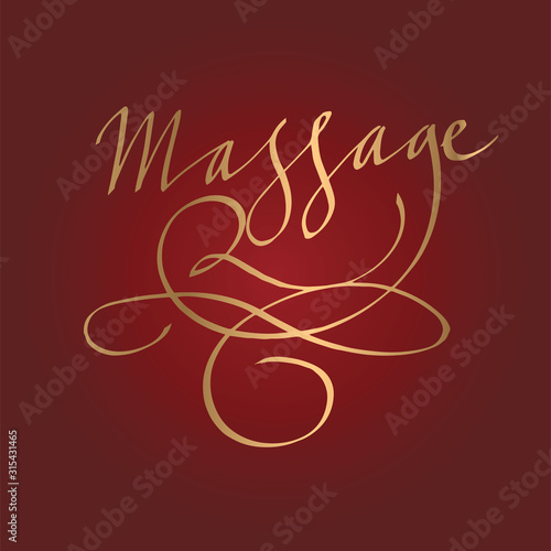Calligraphic hand-written word massage.  Beautiful Golden text with swirls on a red background. For logo, business card, flyer, postcard, banner, poster, sticker. vector