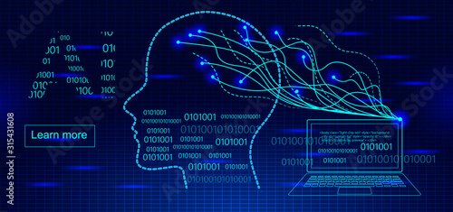 Artificial Intelligence digital technology concept vector for website. Laptop connecting to machine intelligence or human brain using electric impulse.