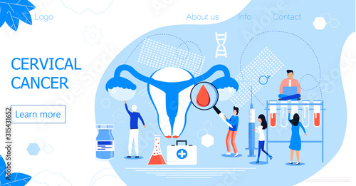 Cervical Cancer concept vector for medical website. Tiny doctors examine uterus with magnifier to to cauterize erosion