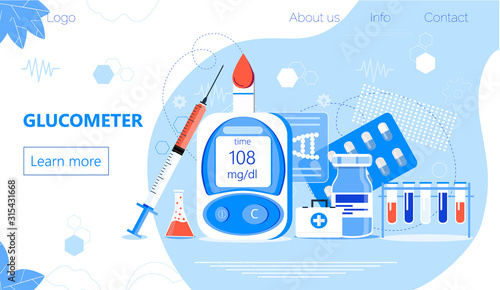 Glucometer for measuring sugar level of diabetics. Blood glucose testing meter, tiny doctors. Type 2 diabetes and insulin production concept vector
