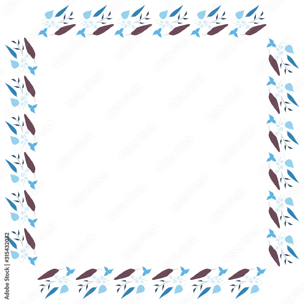 Fototapeta premium Square frame of horizontal blue leaves. Isolated nature frame on white background for your design.