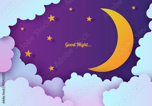 Night sky in paper cut style. Cut out 3d background with violet and blue gradient cloudy landscape with stars and moon papercut art. Cute origami clouds. Vector card for wish good night sweet dreams.