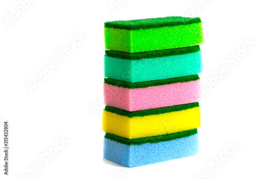 Sponges for washing dishes, on a white background.Colorful multi-colored sponges isolated on a white background.