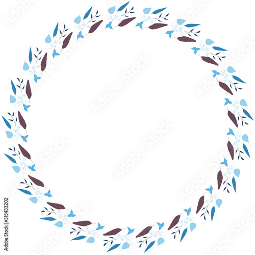 Round frame of horizontal blue leaves. Isolated nature frame on white background for your design.