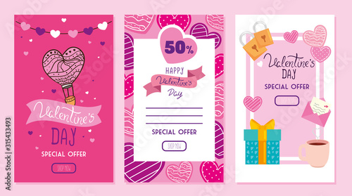 set of happy valentines day cards with offer vector illustration design