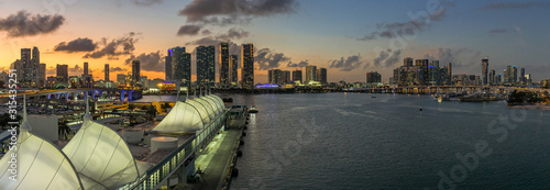 View to the night skylinie of Miami from the cruise ship port photo