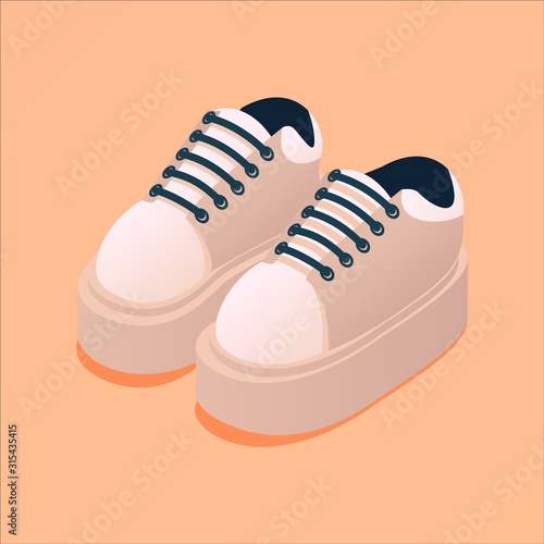 Sport shoes isometric. Bold platform women or unisex sneakers on peach background. Nude beige fashion footwear with black shoelaces isolated.