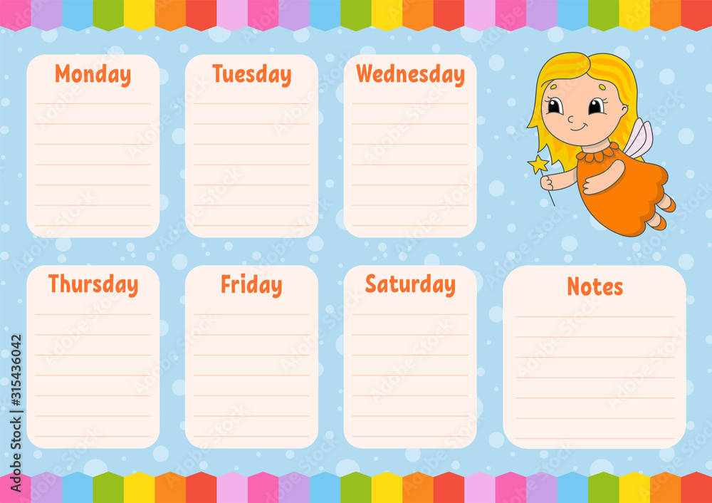Tooth Fairy. School schedule. Timetable for schoolboys. Empty template. Weekly planer with notes. Isolated color vector illustration. Cartoon character. Tooth Fairy. School schedule. Timetable for schoolboys. Empty template. Weekly planer with notes. Isolated color vector illustration. Cartoon character.