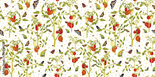 Vector realistic botany tomato garden repeat pattern with tomato plant, butterfly, animal, dotted background. Elegant summer design, garden lovers, kitchen wear. Wildlife background.
