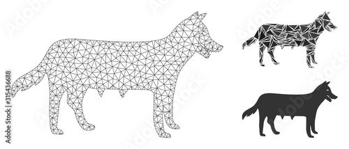 Mesh dog bitch model with triangle mosaic icon. Wire frame triangular network of dog bitch. Vector mosaic of triangle parts in variable sizes, and color tones. Abstract flat mesh dog bitch,