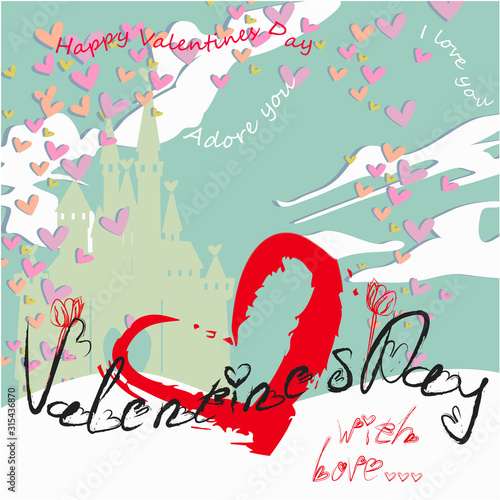 Valentines day banner, greeting card, illustration with cute, cartoon castle, clouds, hearts on a dark background design