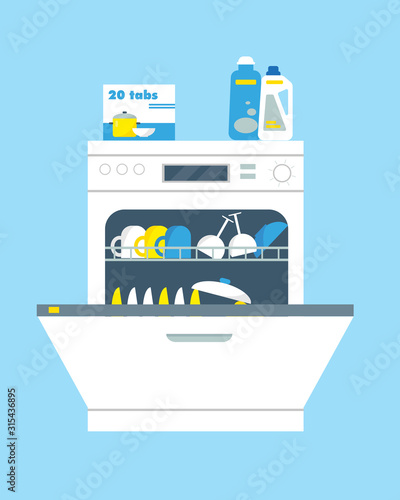 Opend dishwasher machine vector illustration.