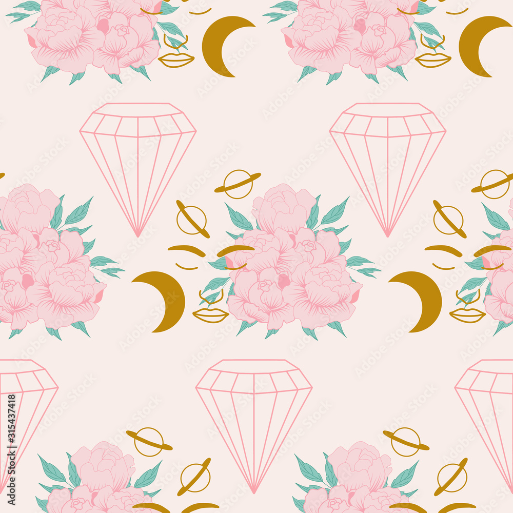 pink peony composition with woman face, moon and diamonds in a seamless pattern design