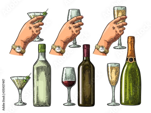 Bottle and glass cocktail, liquor, wine, champagne.