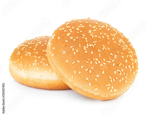 Two sandwich bun with sesame seeds isolated on white background.