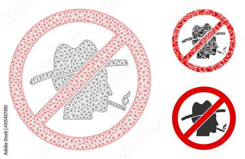 Mesh no smoking redneck model with triangle mosaic icon. Wire carcass triangular mesh of no smoking redneck. Vector mosaic of triangle parts in different sizes, and color hues.