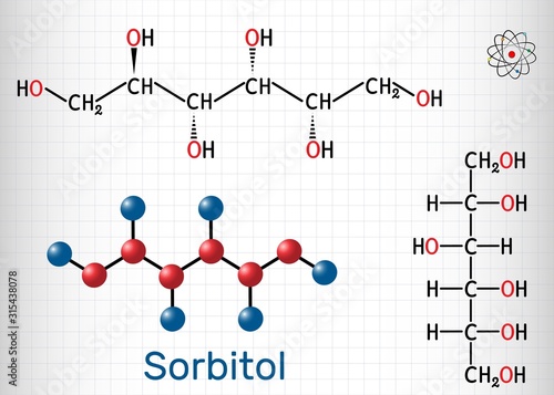 Sorbitol, glucitol molecule. It is polyhydric alcohol with a sweet taste. Structural chemical formula and molecule model. Sheet of paper in a cage. Vector illustration