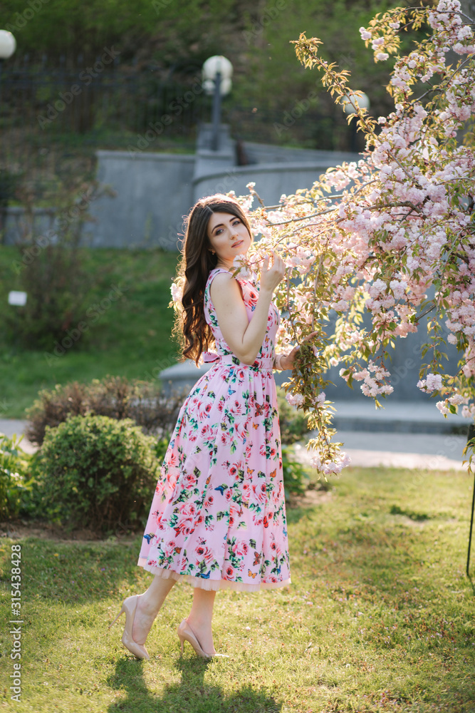 Elegant woman in beautiful dress stand by the pink tree in the park Elegant woman in beautiful dress stand by the pink tree in the park