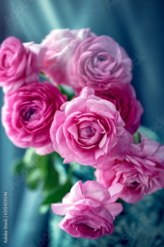 Close-up floral composition with a pink Ranunculus flowers in a vase. Beautiful bouquet of spring flowers.