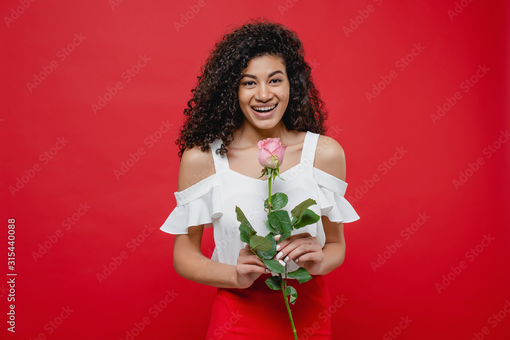 beautiful black woman with pink rose isolated over red beautiful black woman with pink rose isolated over red
