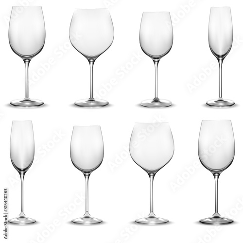 Transparent wine glass set. Wine glasses. Realistic vector