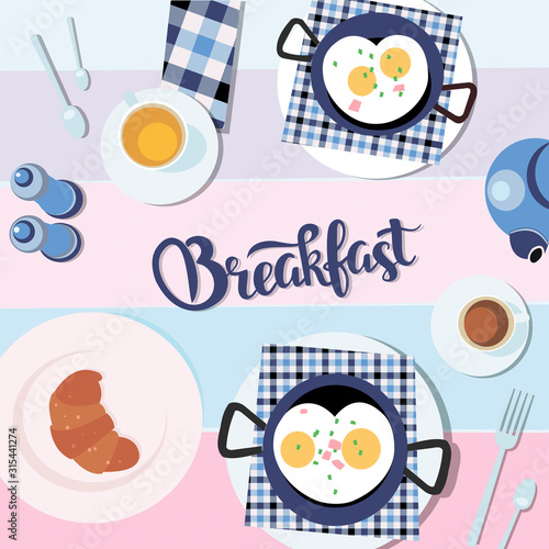 Scrambled eggs, croissant with cup of tea healthy food flatlay. White plate background flat design vector illustration of Valentine's day morning