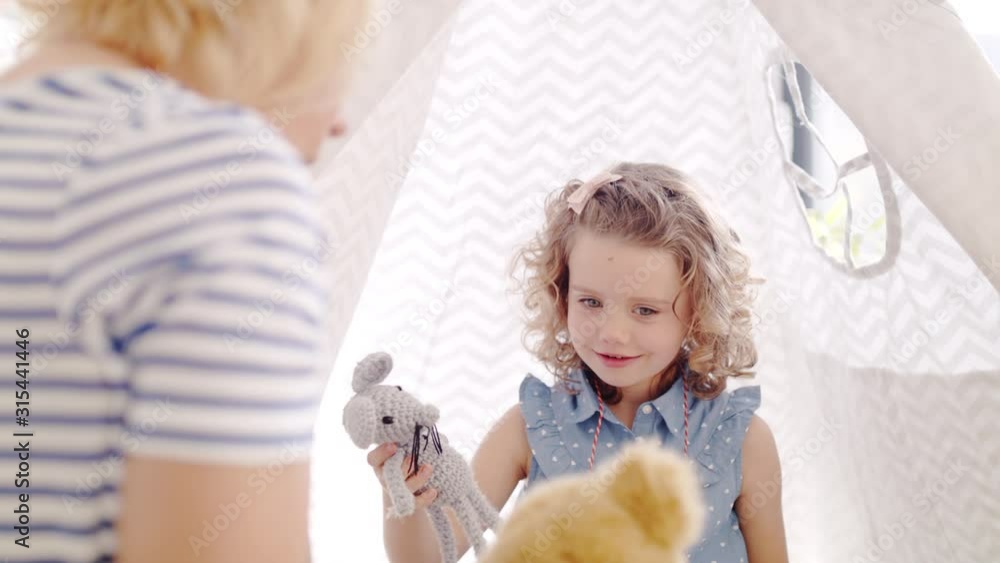 A cute small girl with mother indoors at home, playing. A cute small girl with mother indoors at home, playing.