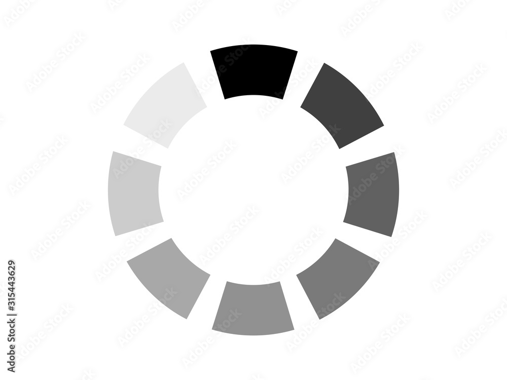 A white loading icon on a black background consisting of eight symmetrical trapezoids A white loading icon on a black background consisting of eight symmetrical trapezoids