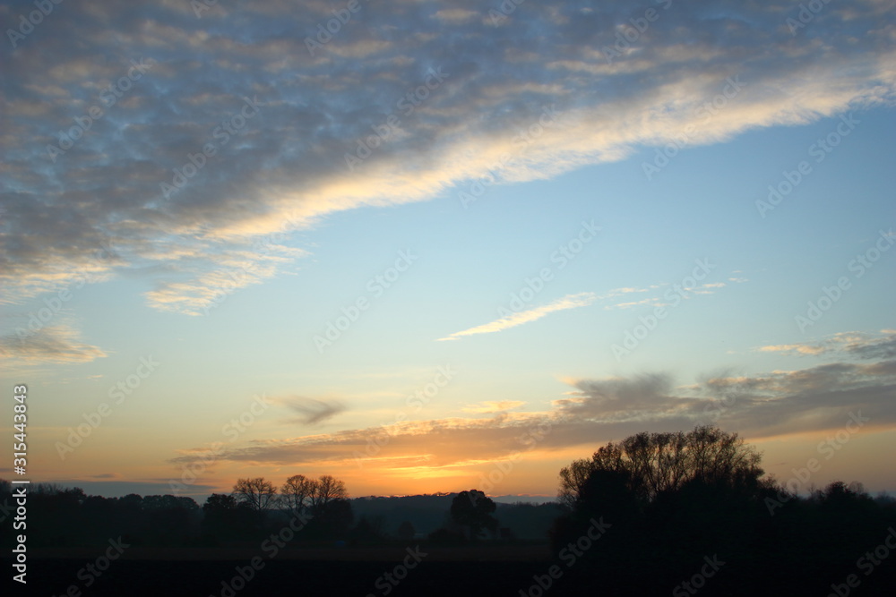 Sunset with trees silhouette, blue sky and gray clouds.