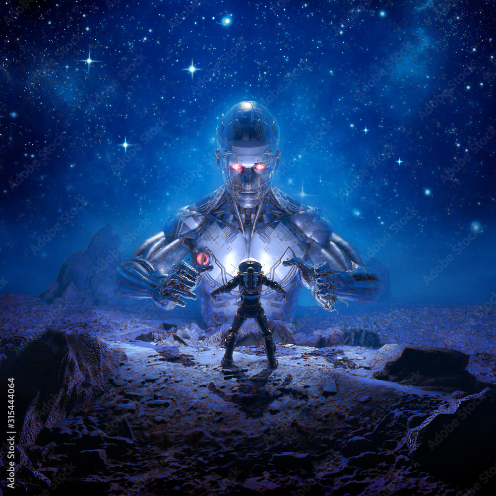 Sentinel of Titan / 3D illustration of retro science fiction scene showing astronaut encountering giant alien robot on desert planet Sentinel of Titan / 3D illustration of retro science fiction scene showing astronaut encountering giant alien robot on desert planet